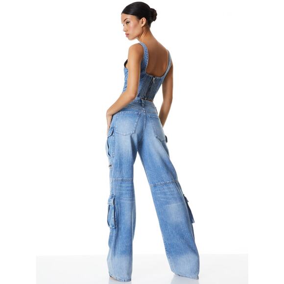 NEW Alice + Olivia Cay Cargo Jeans Wide Leg Mid Rise Utility Brea Blue Size 26 - Picture 4 of 16